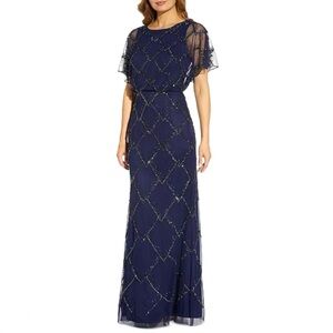 Adrianna Papell Midnight Blue Beaded Midi Dress Perfect for Weddings, Size 24W